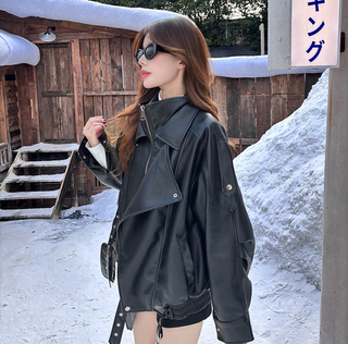 Black Leather Jacket for Women 2025 Autumn and Winter New Style Cool and Stylish Loose Lazy American Heavy-Duty Pu Motorcycle Leather Jacket