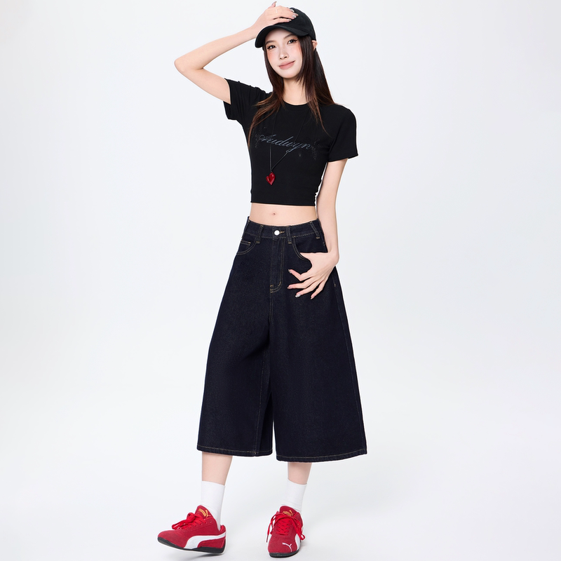 Street Casual Style Dark Blue Wide-Leg Cropped Jeans for Women, High-Waisted, Slimming, Loose, Versatile, Eight-Point Denim Pants for Women Street Casual Style Dark Blue Wide-Leg Cropped Jeans for Women, High-Waisted, Slimming, Loose, Versatile, Eight-Point Denim Pants for Women