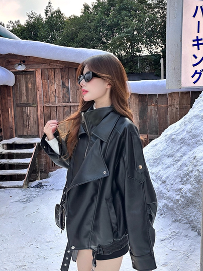 Black Leather Jacket for Women 2025 Autumn and Winter New Style Cool and Stylish Loose Lazy American Heavy-Duty Pu Motorcycle Leather Jacket