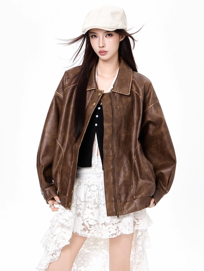 Chaqueta de cuero marrón para mujer Otoño e Invierno 2025 nueva chaqueta de cuero pu americana retro fresca y atrevida Zhong Chuxi mismo estilo