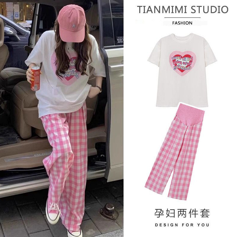 Maternity Summer Fashion Set 2026 New Stylish Short-Sleeved Top T-Shirt Plaid Wide-Leg Pants Two-Piece Set