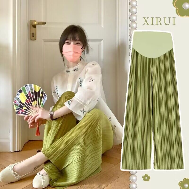 Maternity Ice Silk Pleated Wide-Leg Pants, Summer Thin Style, Petite Fashion, Miyake Pleated Pants, Slimming Casual Long Pants, Trendy
