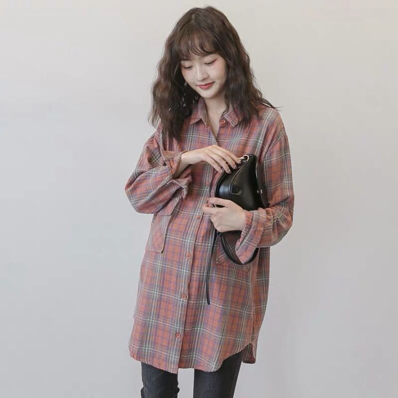Pregnant Woman Spring Dress Blouse Fashion Foreign Pie Loose large size Size Casual Plaid in Long version Chaoma Out Breastfeeding Shirt