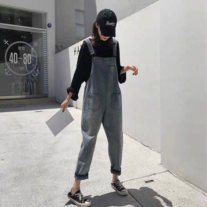 2021 new spring and autumn Korean version of maternity clothes net red loose and thin denim overalls nine points suspenders tide