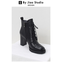 High-heeled thick-heeled waterproof table short boots women's round head lace-up side zipper martin boots black leather boots strap single boots