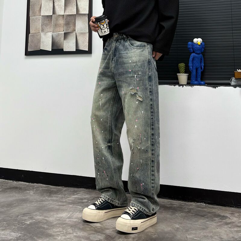 American-Style Retro Cool Ripped Jeans with Ink Splatter and Whiskers, Loose Straight-Leg Men's High-Street Paint-Splattered Wide-Leg Trousers Trendy American-Style Retro Cool Ripped Jeans with Ink Splatter and Whiskers, Loose Straight-Leg Men's High-Street Paint-Splattered Wide-Leg Trousers Trendy