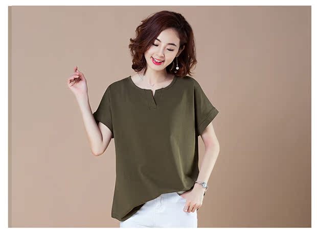 Cộng với áo thun phân bón cotton cotton mùa hè chất béo của phụ nữ áo thun ngắn tay cổ chữ V cho mẹ trung niên áo thun cotton - Áo phông áo thun nữ cổ tim