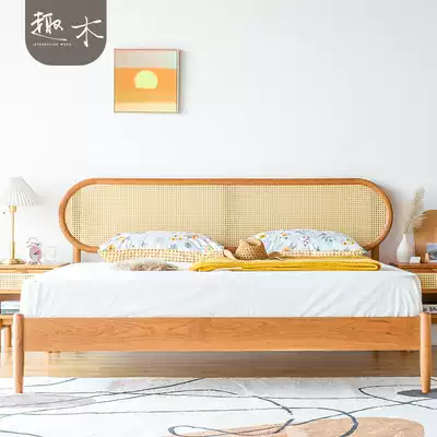 Nordic minimalist design bedroom 1 8 double bed rattan 1 5 m solid wood bed hotel B & B accommodation Middle ancient Wagi bed