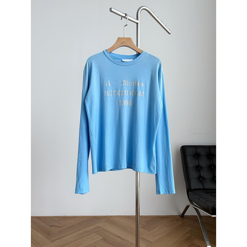 2026 Spring/Summer New Sky Blue Vintage Long Sleeve 1996 Letter Print Nordic Minimalist Style Frayed Edge Couple's Base Shirt