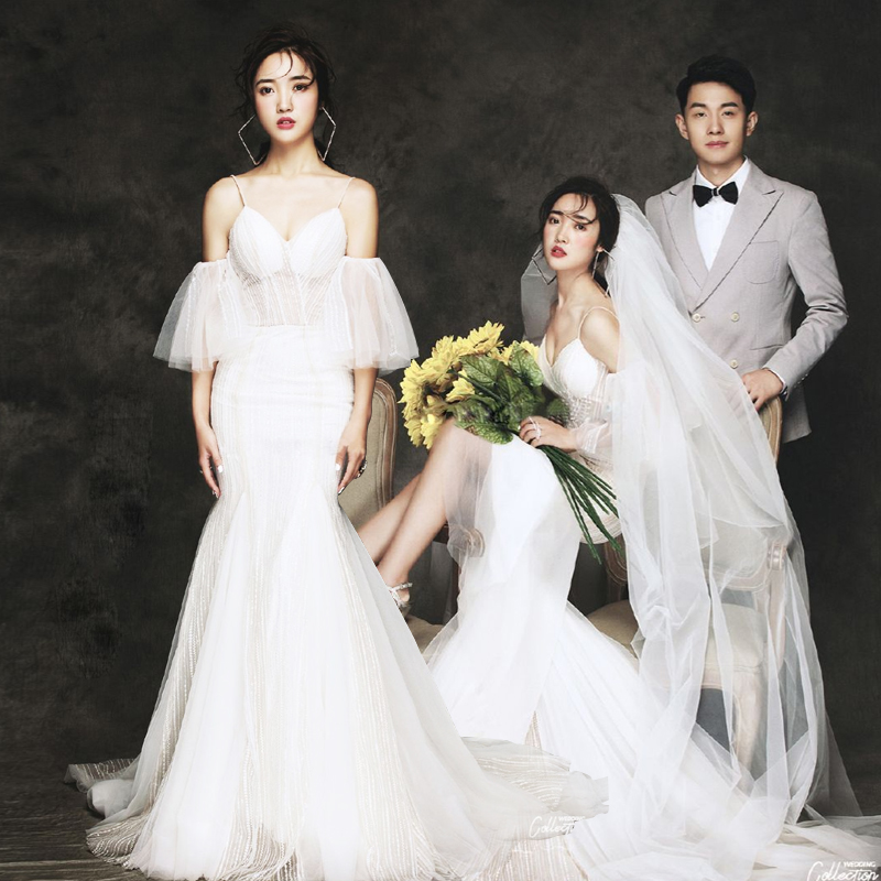 Photo Gallery theme clothing 2020 new travel sling light wedding couple photo photo real tuxedo fishtail dress