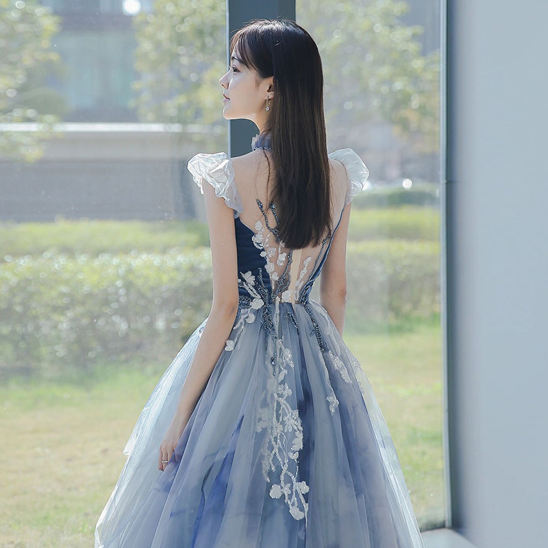 Blue evening dress, high advanced piano performance costume for adults, high-quality style