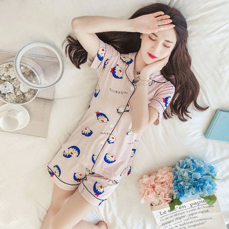 Bộ đồ ngủ nữ mùa hè Hàn Quốc Sinh viên tươi mát dễ thương Áo cotton ngắn tay Dịch vụ tại nhà Hai mảnh Set Ice Silk Loose Cartoon bộ đồ mặc nhà