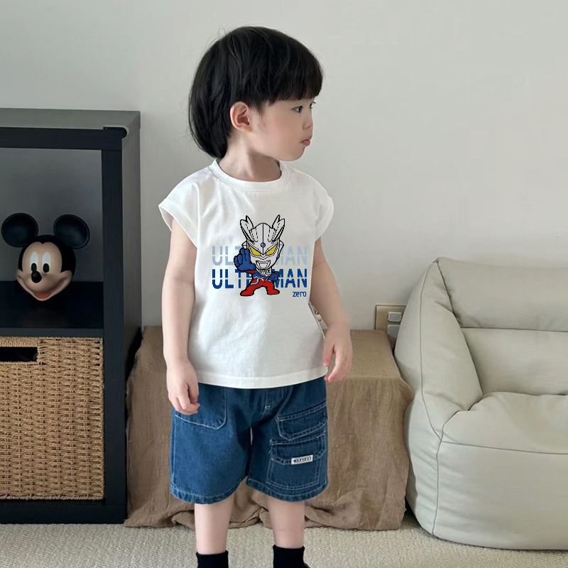 Boys' Cartoon Anime Pure Cotton Sleeveless Vest Summer New Style Baby Boy Superhero Ultraman Children's Clothing T-Shirt