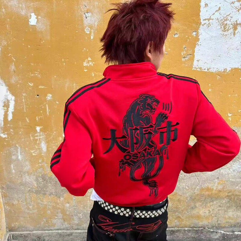 Sakura Samurai Sksm "Osaka City" Embroidered Shoulder Pads Vintage Texture Red American Street Style Short Jacket