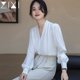 White v-neck chiffon shirt female spring lantern sleeve professional white shirt spring and autumn commuting OL interview wear top anti-wrinkle