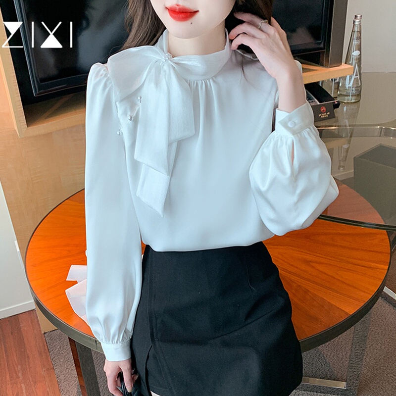 Satin Ribbon Shirt for Women, Autumn French Style Bow Tie Top, High-End Stand Collar Professional Commuting Shirt, Formal Wear Satin Ribbon Shirt for Women, Autumn French Style Bow Tie Top, High-End Stand Collar Professional Commuting Shirt, Formal Wear