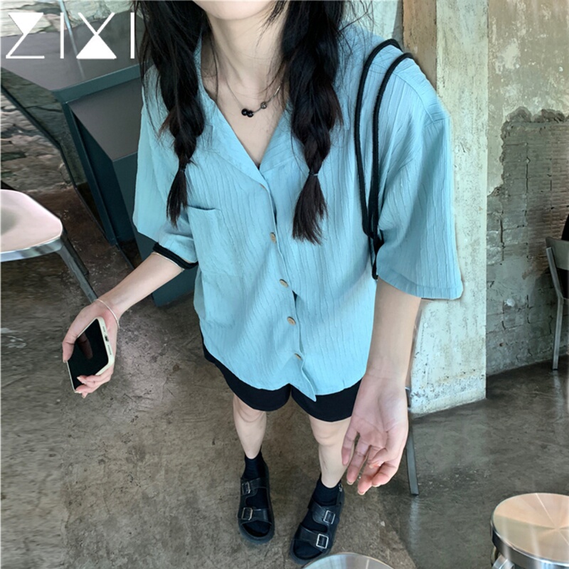 Blue Short-Sleeved Shirt for Women, Summer Wear, Stylish V-Neck Top, Plus Size, Commuter Cuban Collar Shirt Jacket Blue Short-Sleeved Shirt for Women, Summer Wear, Stylish V-Neck Top, Plus Size, Commuter Cuban Collar Shirt Jacket