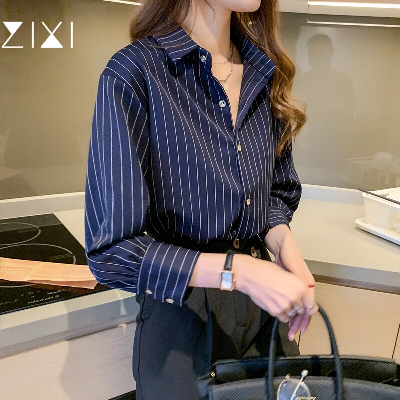 Vertical Striped Long-Sleeved Shirt for Women, New Autumn Style, Professional Work Attire, Formal Interview Shirt, Navy Blue, Dark Blue Chiffon Top