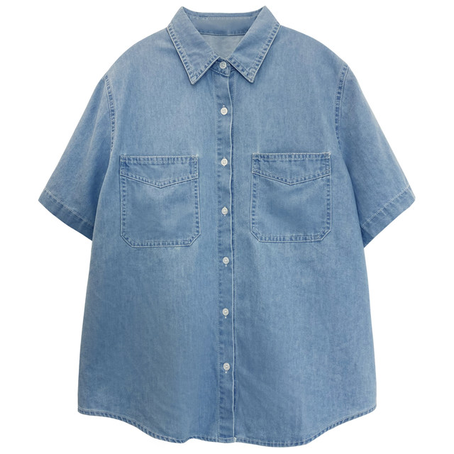 Denim shirt female polo half-sleeved summer design niche shirt Hong Kong style retro blue short-sleeved top coat