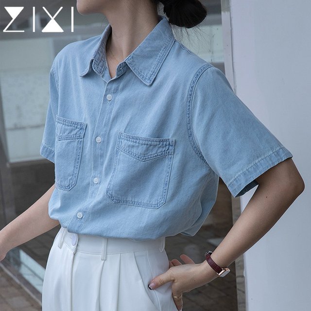 Denim shirt female polo half-sleeved summer design niche shirt Hong Kong style retro blue short-sleeved top coat