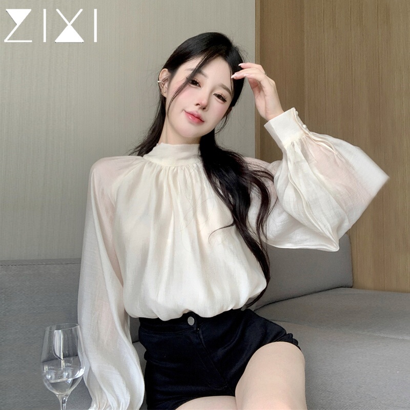 Lantern Sleeve Shirt for Women, Hepburn Style French Stand-Up Collar Shirt, Bow Tie High Collar, Palace Style, Elegant White Top Lantern Sleeve Shirt for Women, Hepburn Style French Stand-Up Collar Shirt, Bow Tie High Collar, Palace Style, Elegant White Top