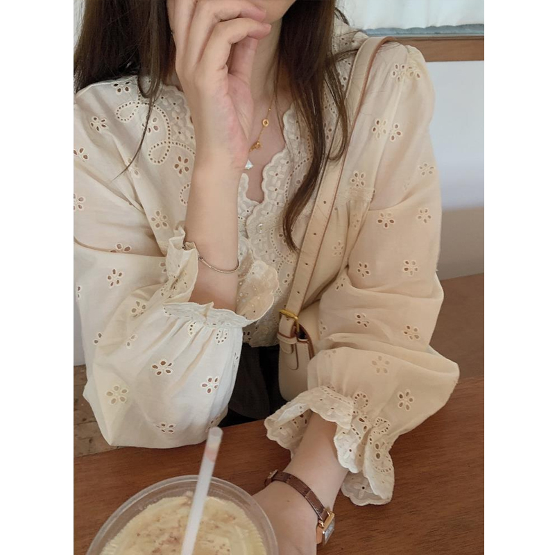 Retro V Neck Lace Cut Out Long-Sleeved Shirt for Women in Early Spring French Niche Sweet Elegant Puff-Sleeved Chic Top