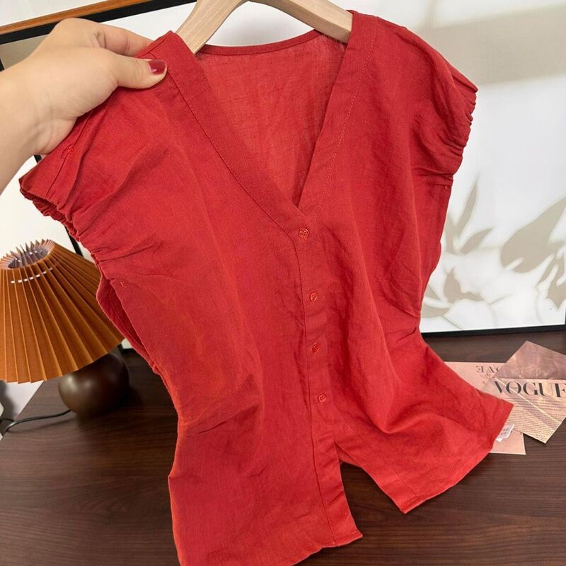 Counter Brand Women's Fashionable Linen Red Vest Women's Versatile Design Shirt V Neck Slim Short-Sleeved Top Counter Brand Women's Fashionable Linen Red Vest Women's Versatile Design Shirt V Neck Slim Short-Sleeved Top