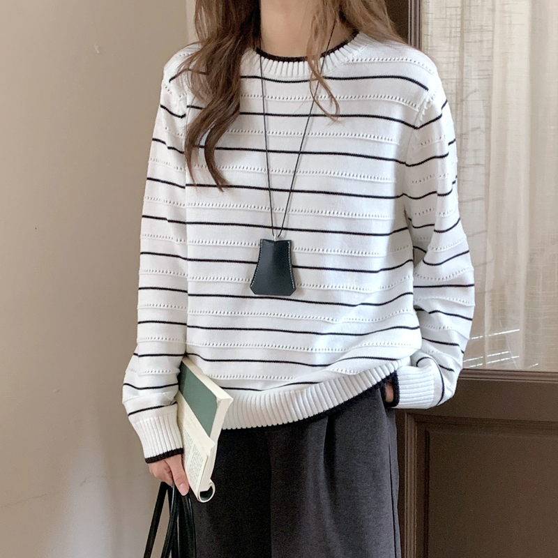 100% Cotton Pure Cotton Black and White Striped Sweater for Women Pullover 2025 Autumn and Winter Long-Sleeved Loose Round Neck Knitted Base Shirt