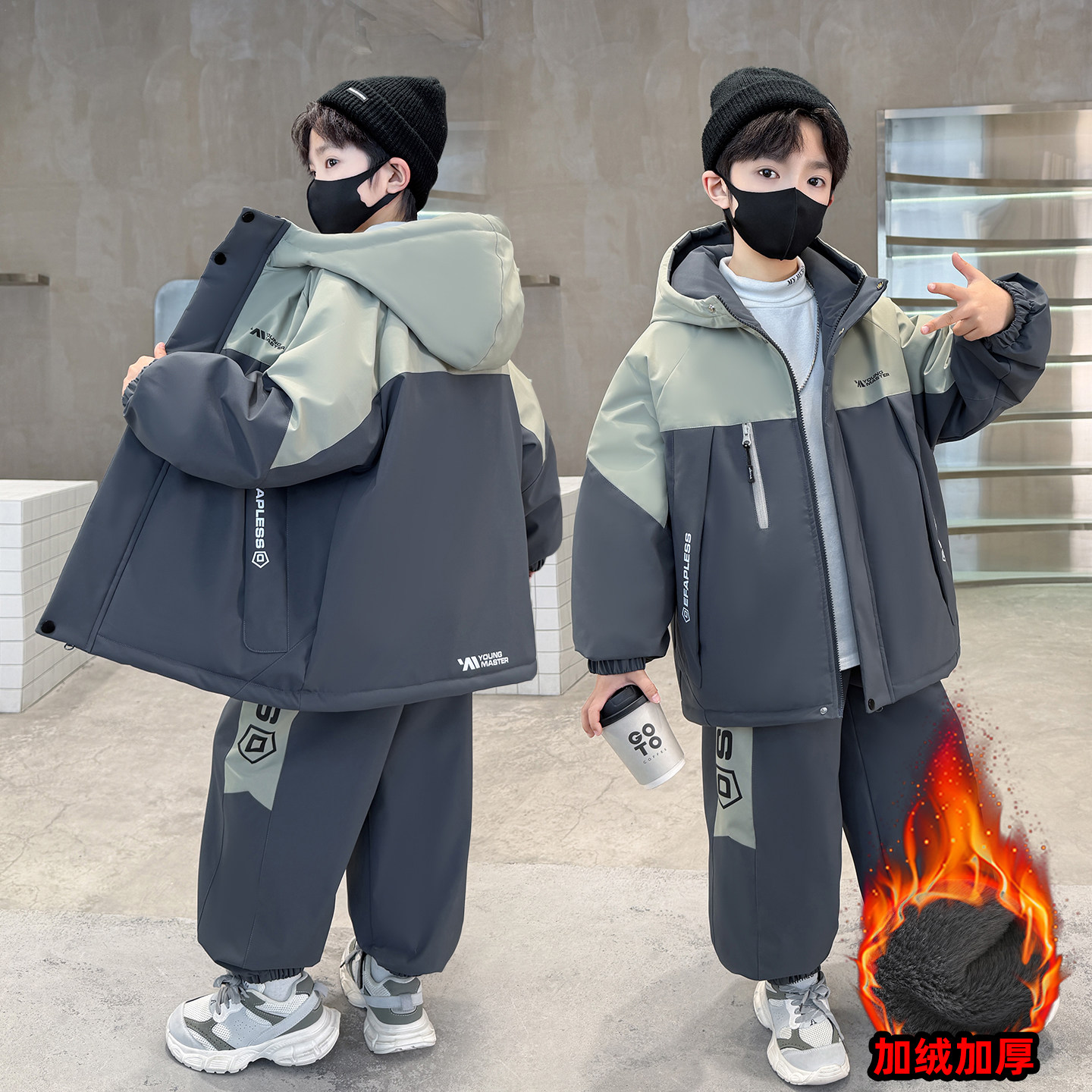 Зимний костюм с бархатной утепленной курткой для мальчиков, новинка 2025 года, спортивный костюм-двойка для отдыха на открытом воздухе для детей среднего и крупного возраста.