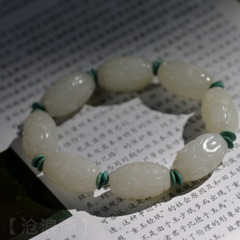 唐代时期和田玉古玉/老玉莲花纹玉珠古董艺术