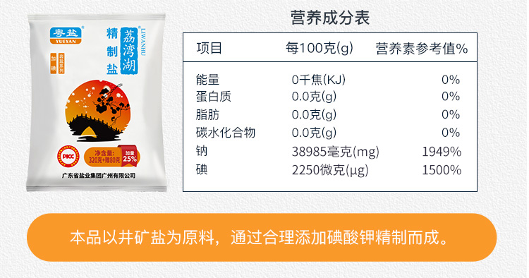 粤盐 荔湾湖 加碘精制盐 400g*5袋 图3