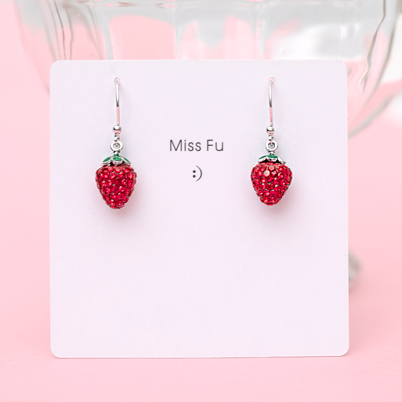 S925 Pure Silver Small Strawberry Earrings Woman Han Edition Tide Cute Ear Nail Fresher Student Fashion Brief Ear Ornament Mesh Red