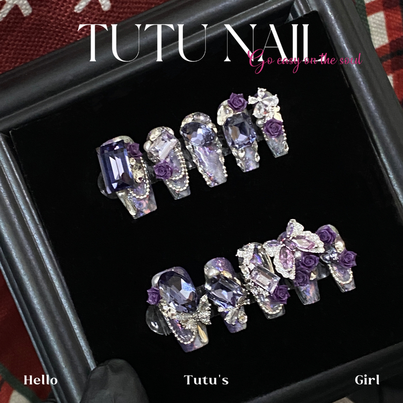 【Gabriel】Tutu Nail Handmade Wearable Nail Art Heavy Craft Purple Carved Flowers Brightening Gradient Luxurious Short Nails