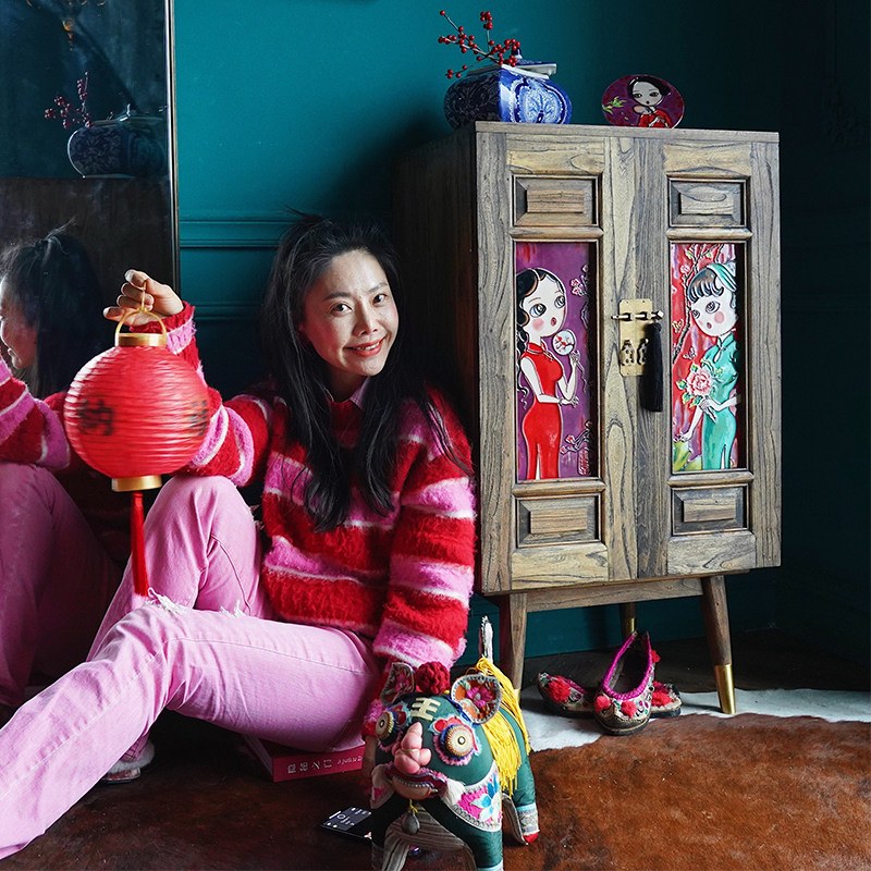 Jia women's porcelain plate painting inlaid elm jewelry storage cabinet drawer storage cabinet ten drawers full retro furniture