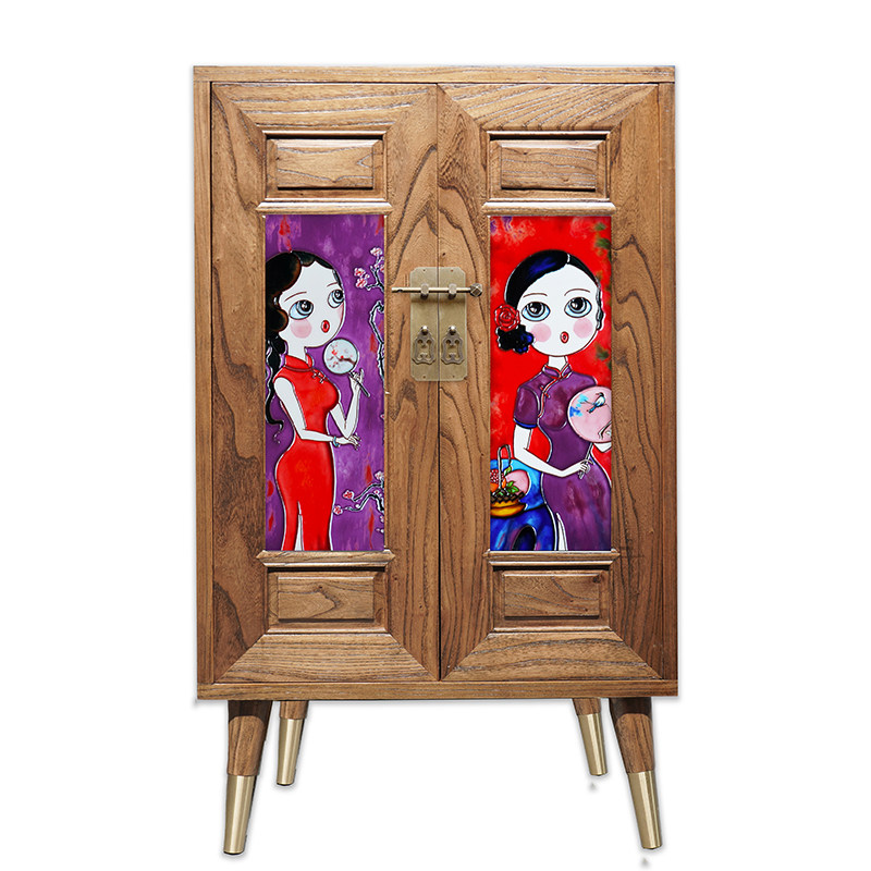Jia Woman Original Old Elm Wood New Chinese Style Home Living Room Decoration Furniture Kitchen Balcony Containing Cabinet Close To Wall Bookcase
