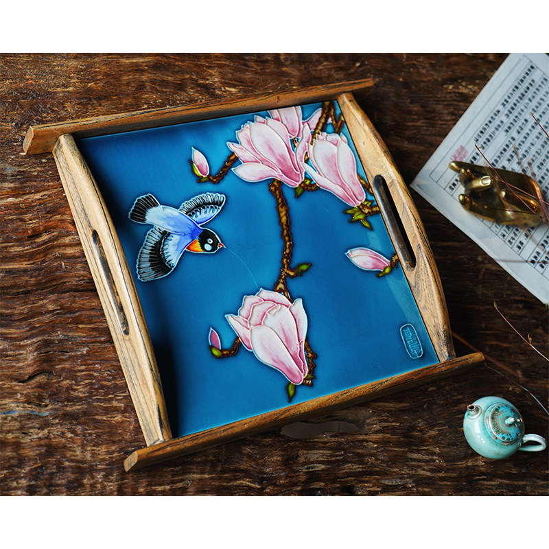 Jia Women's Porcelain Plate Painting Home Ceramic Tea Tray Solid Wood Creative Home Decoration Elm Double Ear Tray
