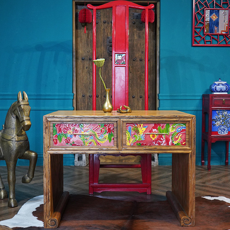 Jiafei Innovative Chinese All-solid Wood elm painting inlaid study desk table boss table tea table office