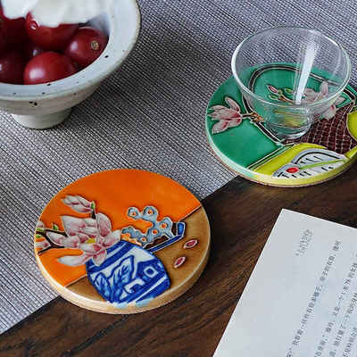 Ceramic coasters, creative circular Chinese retro tea saucers, heat-insulating and heat-resistant household Gongfu tea set accessories, pot holders, covered bowls