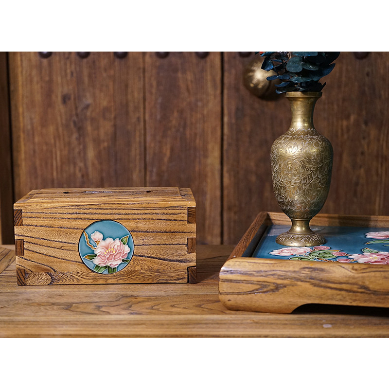 Jia women's ceramic inlaid elm tissue box home creative solid wood napkin sanitary paper box living room decoration ornaments
