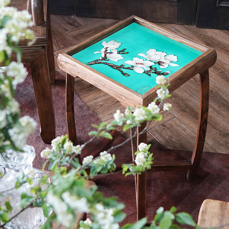 Ming and Qing old elm furniture folding tea table living room all solid wood sofa side table simple side table balcony leisure table and chairs