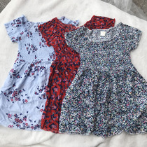 European and American style summer childrens female treasure waist Elastic Bubble Sleeve retro floral tricolor dress