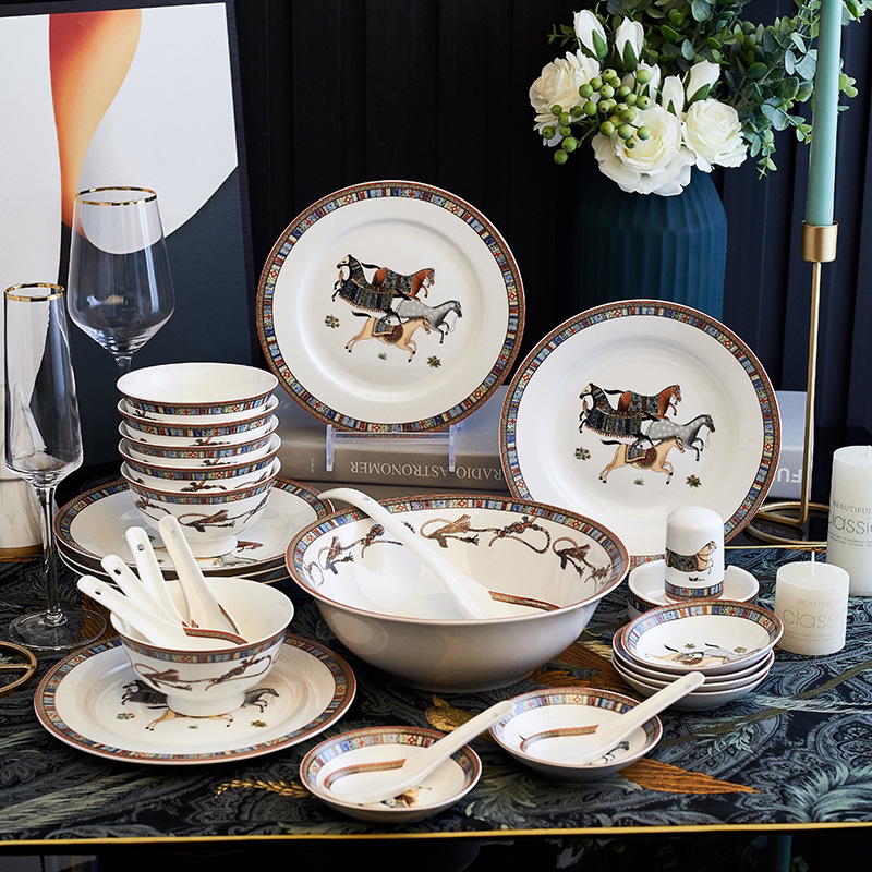Oriental Horse Ceramic Tableware Hermes Set High-Value Bone China Tableware Gift Bowl and Plate Set