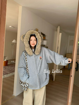 Large size fur collar cardigan coat for women 2025 new velvet autumn and winter wear slightly fat hooded sweatshirt Large size fur collar cardigan coat for women 2025 new velvet autumn and winter wear slightly fat hooded sweatshirt