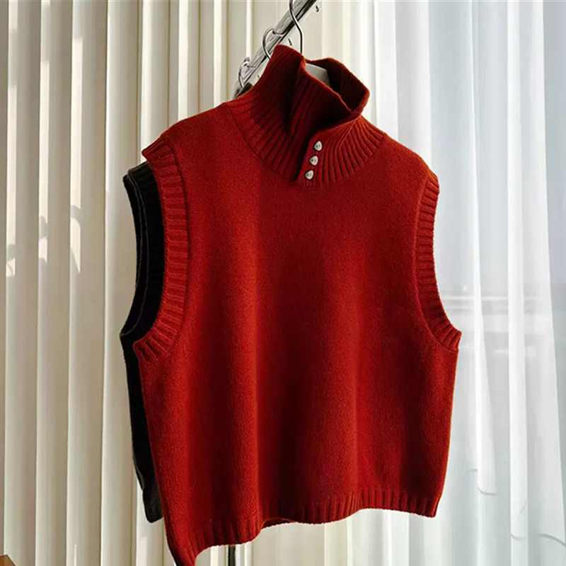 High-End Sleeveless Turtleneck Knitted Wool Vest for Women, Red Lazy Style Layered Sweater Vest Outerwear