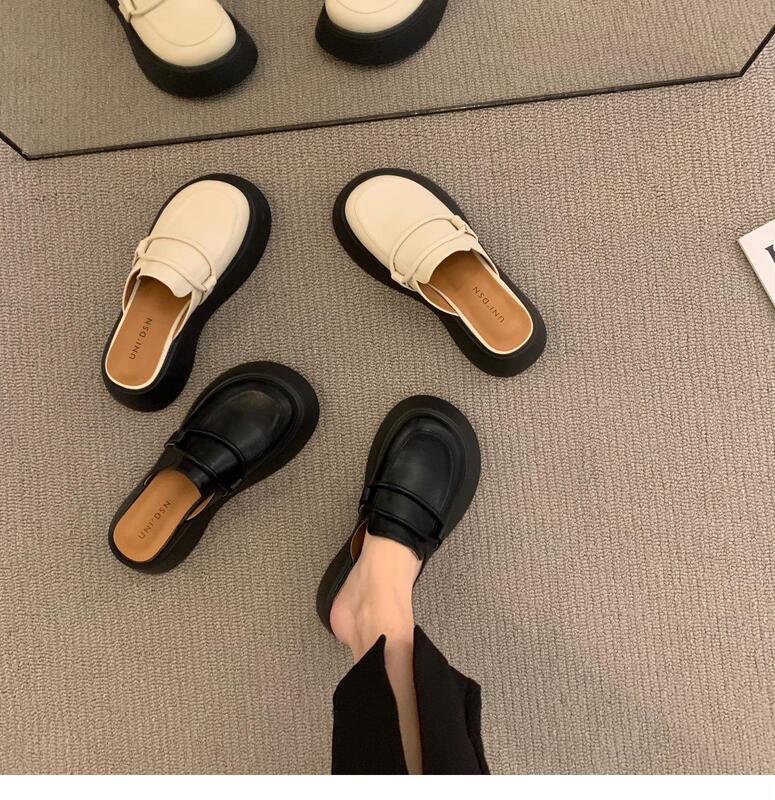 Lazy Loafers 2024 New Style Platform Thick-Soled Closed-Toe Half Slippers for Women, Summer Outdoor Wear, Niche Mule Sandals