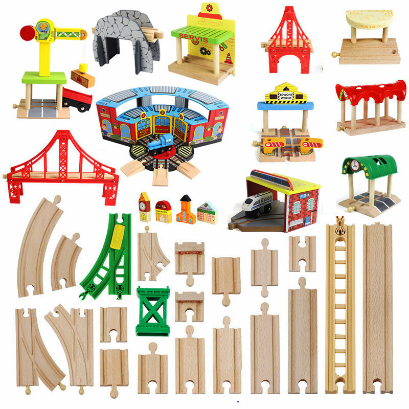 Puzzle Building Blocks Toys Wood Small Train Track Accessories Children Build Compatible Timaus Station Piers Overhead