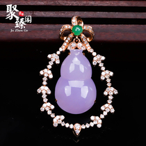 Juzhen Pavilion Old Pit Natural Ice Violet Eggplant Purple Jade Gourd Pendant A 18k Inlaid with Certificate Appraisal