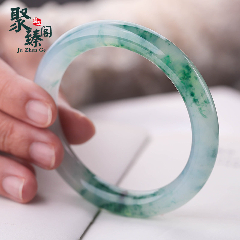 Juzhen Pavilion natural A goods high ice floating flower bracelet floating green jade round jade bracelet blue green jade identification female