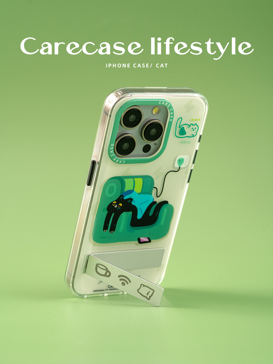 CARECASE Custodia per telefono con supporto a forma di gatto verde, adatta per iPhone 16, 15, 14 e 13 Pro Max, design creativo_voghion.com