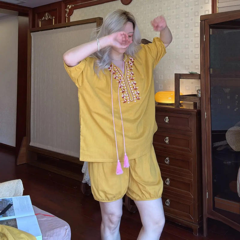 Dreamy Spring/Summer Double-Layer Pure Cotton Gauze Pajamas for Women, Ginger Yellow Vintage Embroidery, Loose Short-Sleeve Homewear Set